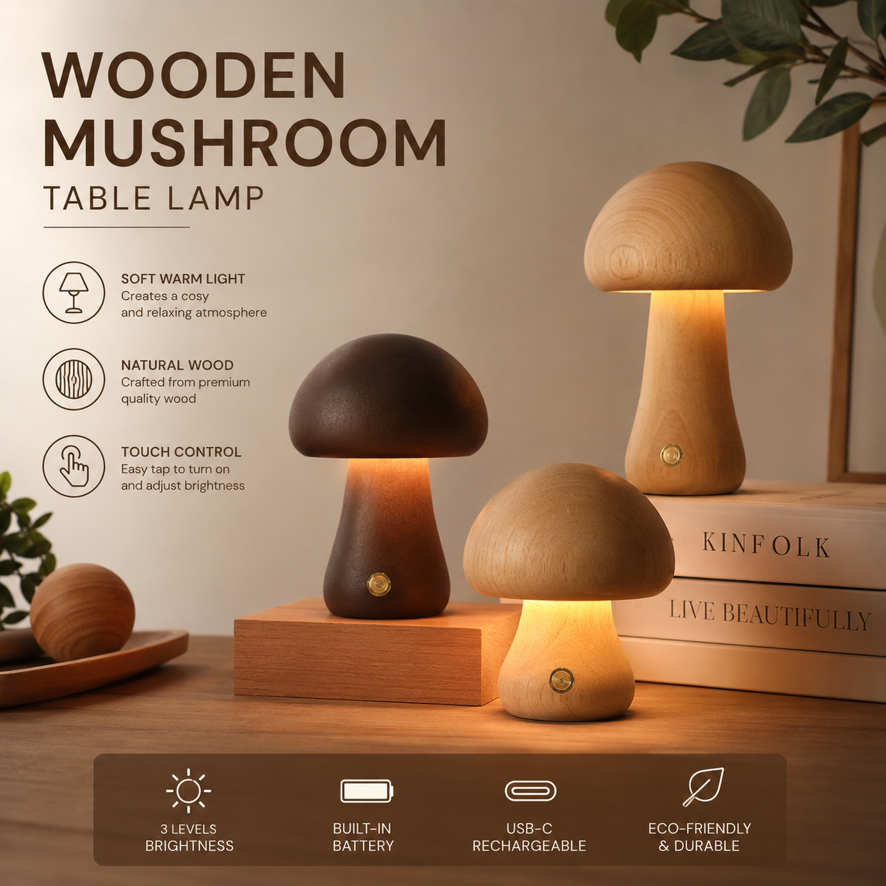 Wooden Mushroom Table Lamp